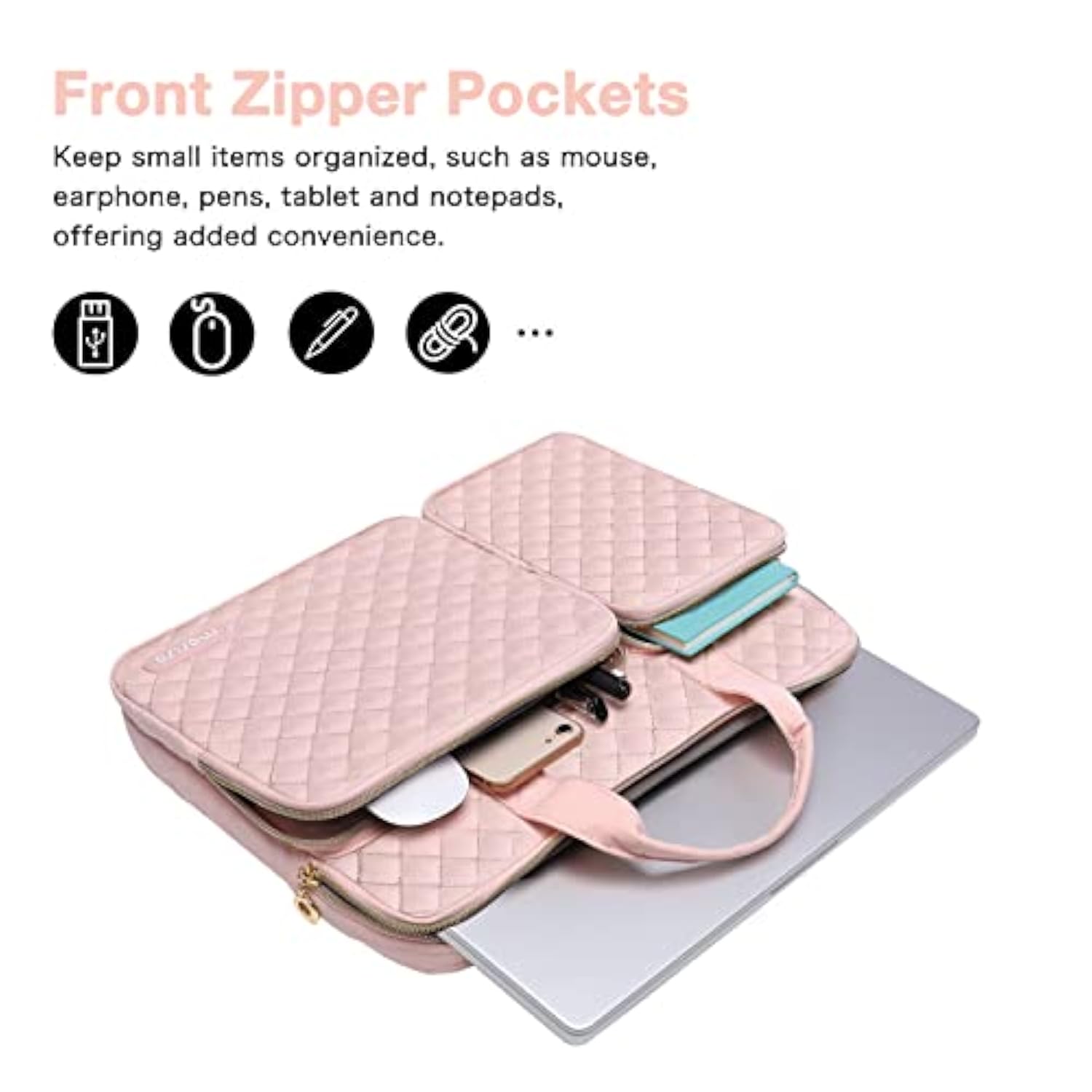 MOSISO 360 Protective Laptop Case 13.3 inch, 13-13.3 inch Laptop Sleeve Compatible with MacBook Air/Pro 13/Pro 14,HP Dell ASUS Lenovo, Square Quilted Bag Cover with 2 Pockets&Handle&Belt, Chalk Pink