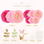 Tissue Paper Flowers Tissue Pom Poms Blooms Pink For Girl Baby Shower, Nursery Decor, Birthday Decorations (Set Of 21, Rose Pink)