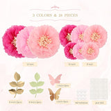 Tissue Paper Chrysanth Flowers With Butterfly And Olive Leaves For Wedding Baby Shower Nursery Room Parties & Events Decorations Pom Poms (Pink)