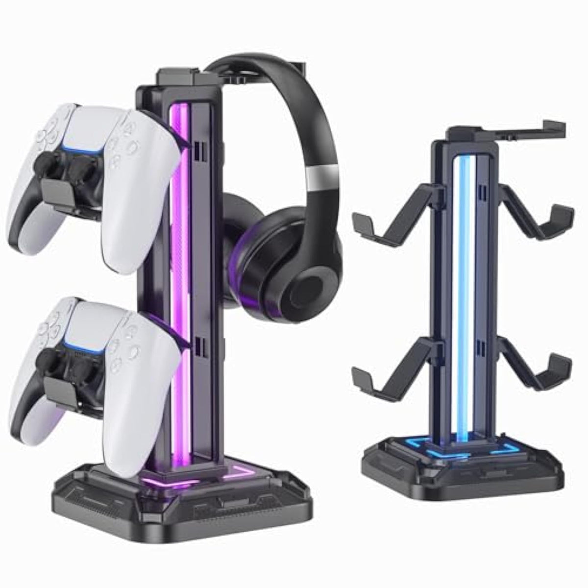 Rgb Headset Stand With 9 Light Modes - Controller Holder For Desk - Rotatable Headphone Stand & Detachable Controller Hook For Pc Earphone Accessories(Black)