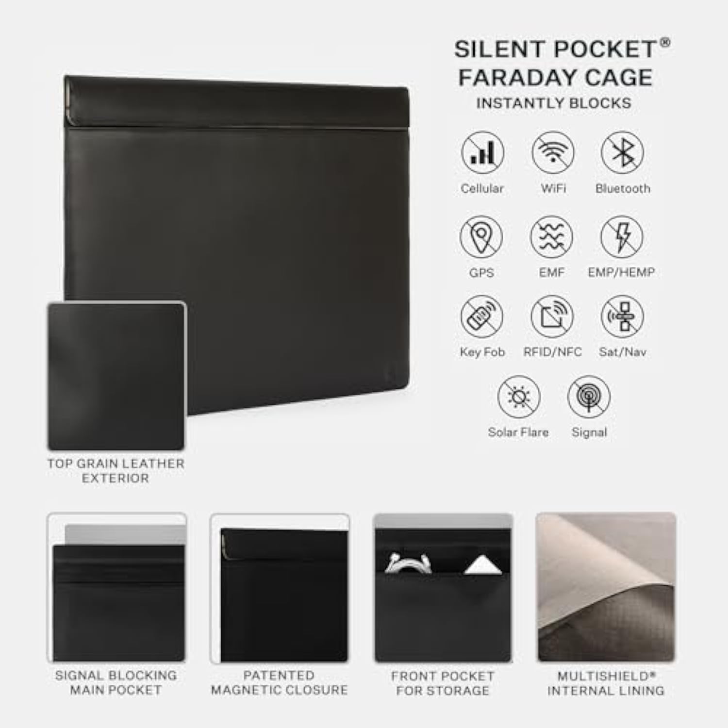SLNT Faraday Bag with Silent Pocket Technology - Leather Signal Blocking Device Sleeve for 13 inch and 15 inch Laptops and Tablets, Provides Instant Protection (Black Leather, 15 inch)