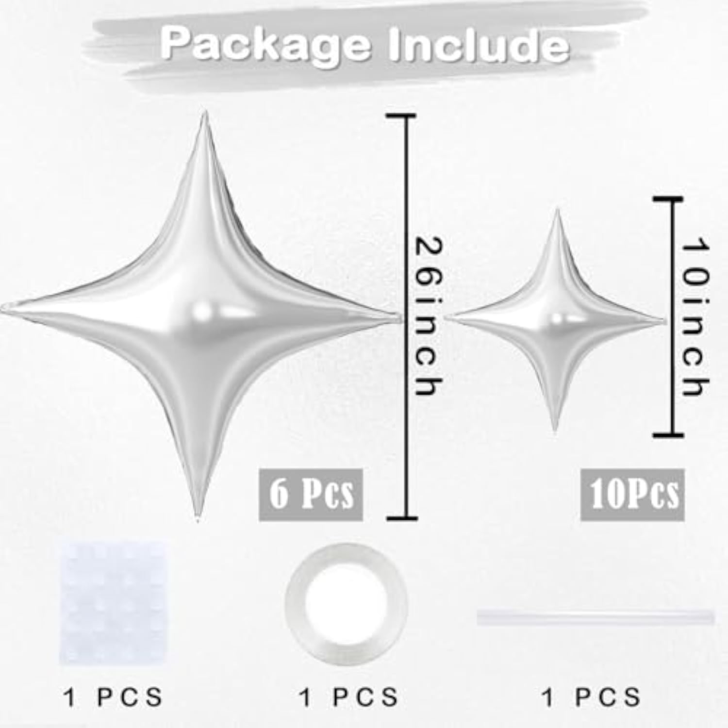 Silver Star Balloons,16Pcs Four Angle Star Balloons Foil,26Inch And 10Inch Silver Foil Mylar Balloons For Birthday Anniversary Baby Shower Wedding Party Decorations