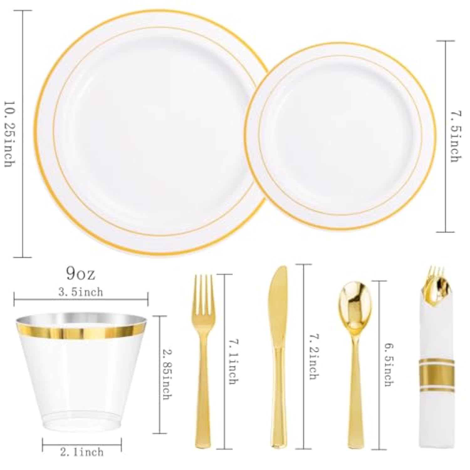 350Pcs Gold Plastic Dinnerware Set For 50 Guests, Fancy Disposable Plates For Party, Include: 50 Dinner Plates, 50 Dessert Plates, 50 Pre Rolled Napkins With Gold Silverware, 50 Cups