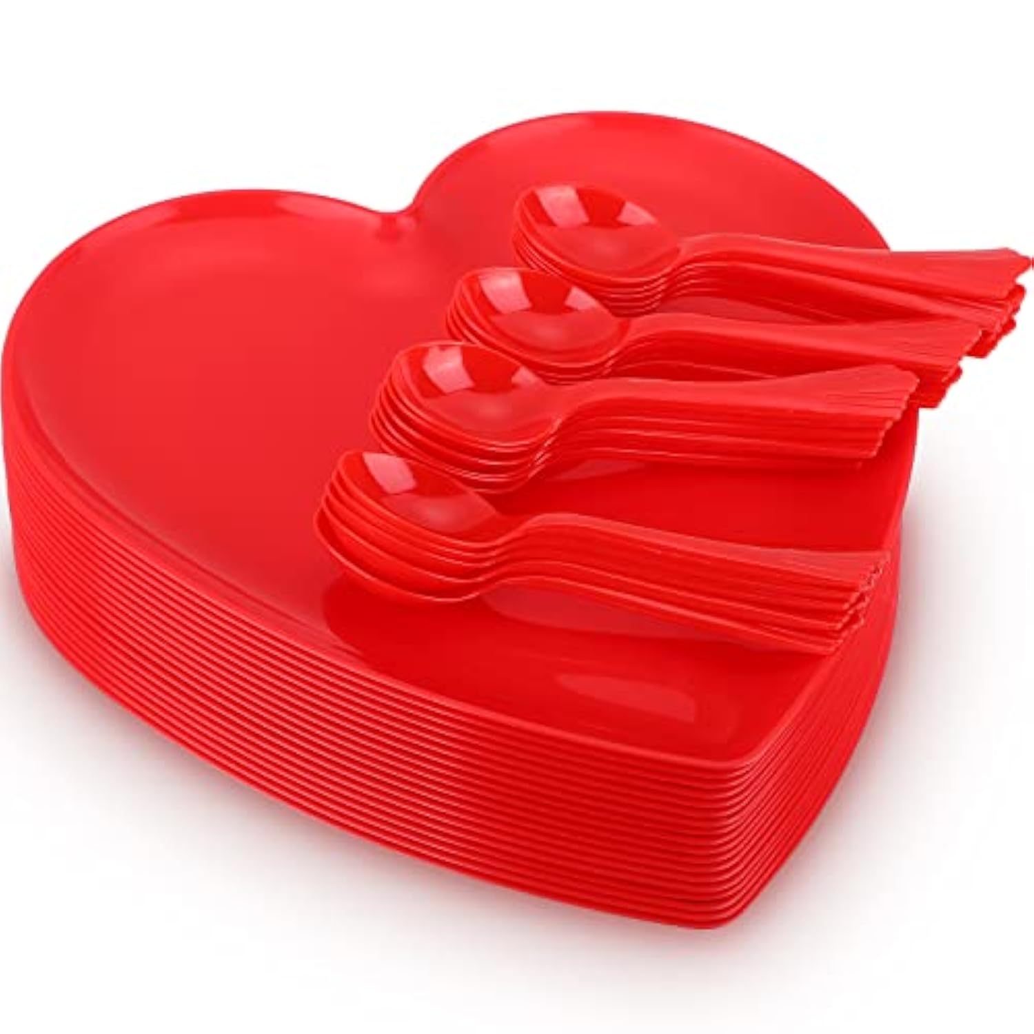38 Pieces Valentines Heart Shaped Plates Spoon Set Include 18 Pcs 10 Inch Valentines Day Heart Shaped Food Tray 20 Pcs Plastic Spoon Salad Dessert Plate For Party Supplies(Red)