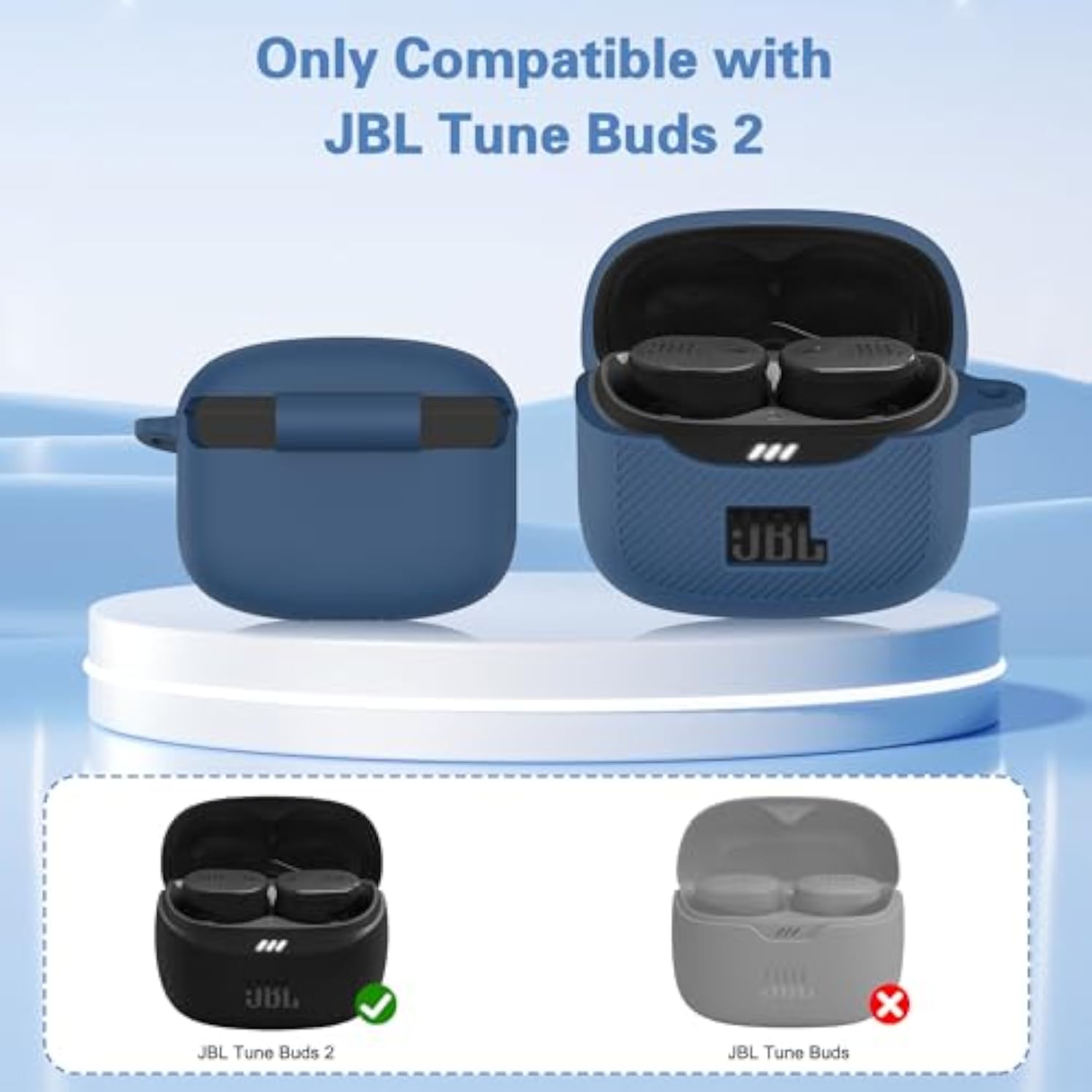 JBL Tune Buds 2 Soft Silicone Protective Case Cover with Carabiner & Cleaner Kit Accessories Set, Dark Blue, Compatible with JBL Tune Buds 2 Case