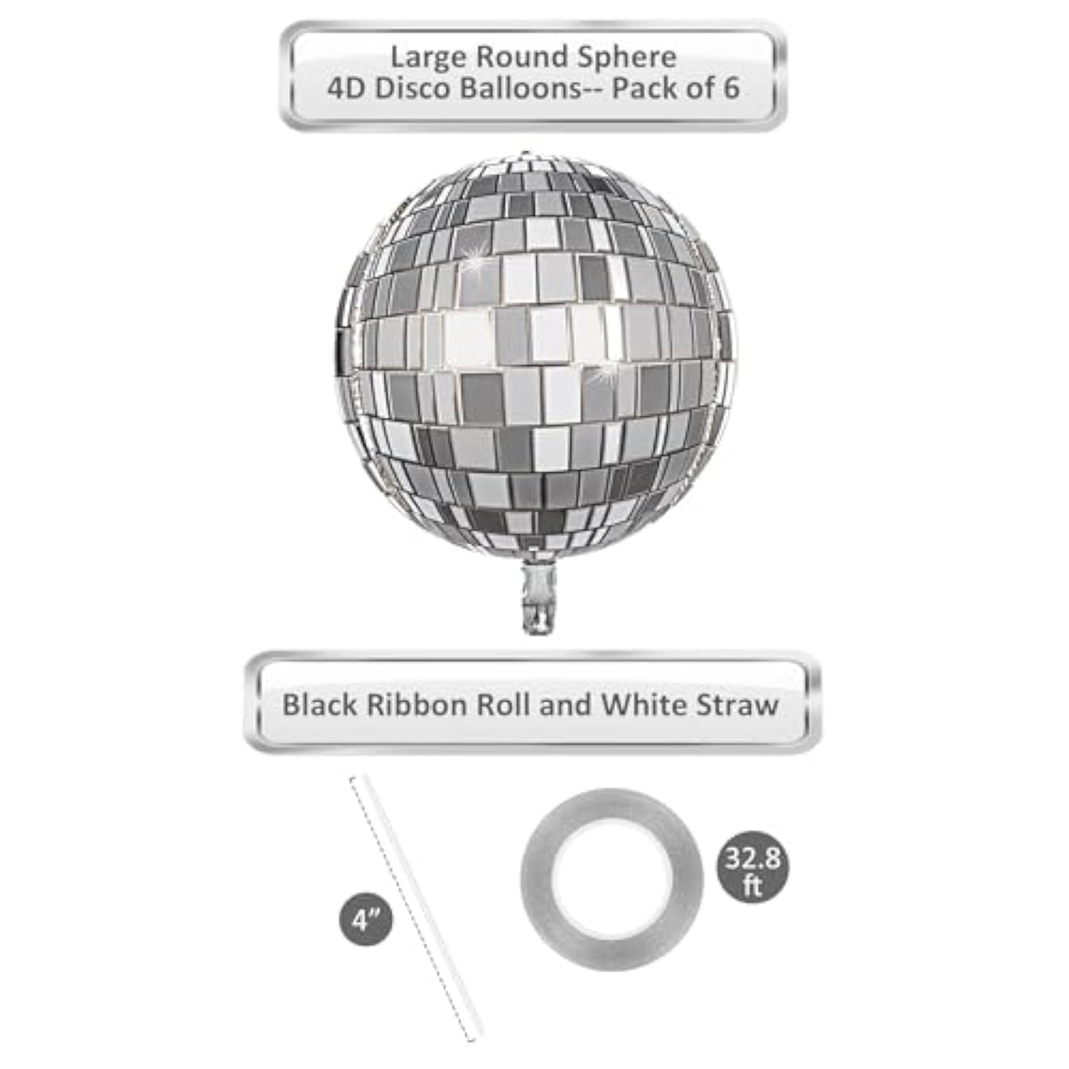 Silver Disco Ball Balloons, 6Pcs 22Inch 4D Metallic Silver Round Foil Balloon With Straw For Disco Party Decorations New Year Eve, Bachelorette, Birthday, Christmas, 70S 80S 90S Retro Party Supplies