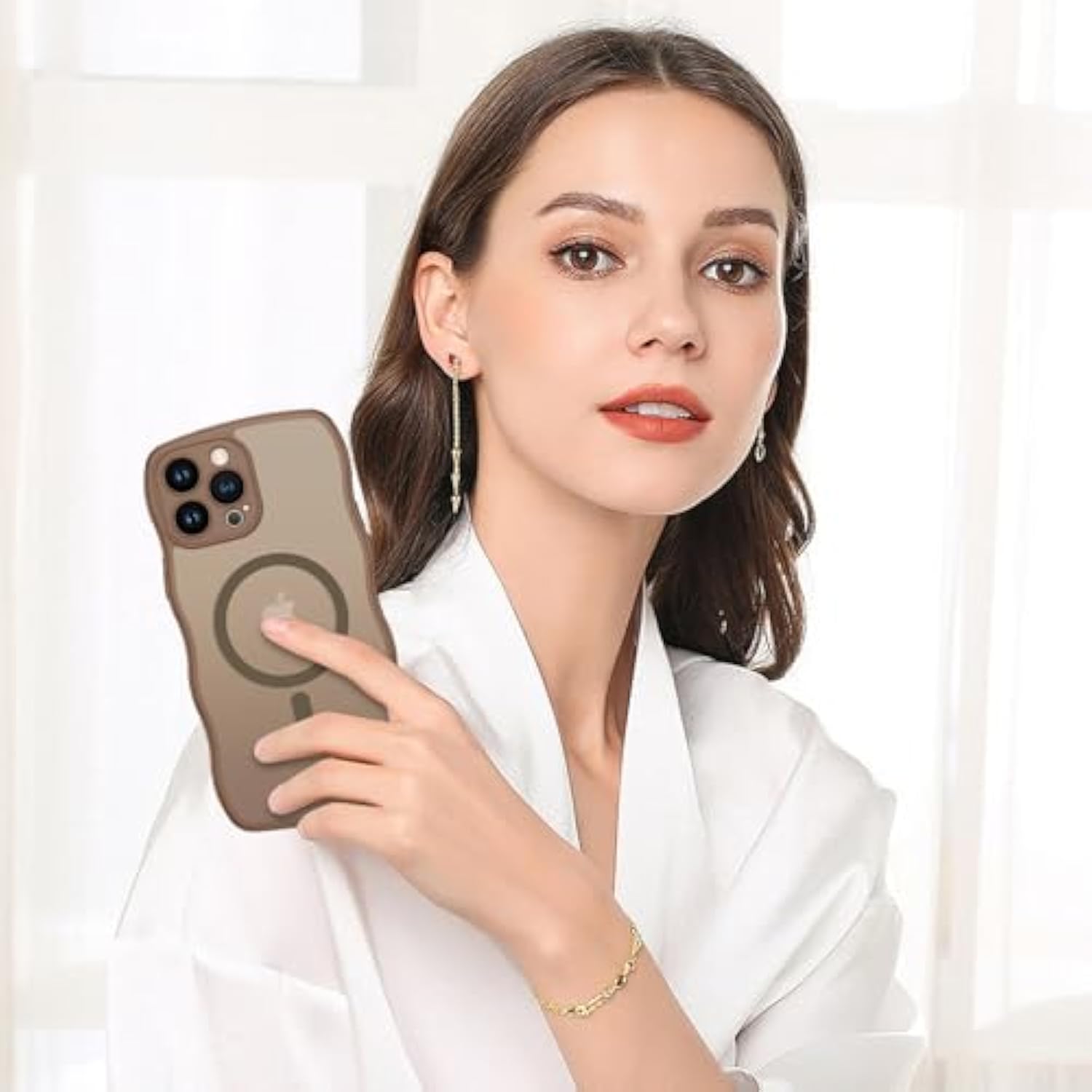 For Magnetic Iphone 13 Pro Case, [Compatible With Magsafe] [Curly Wave Frame Design] Non-Slip Easier Grip Shockproof Protective Bumper Cute Phone Cover For Iphone 13 Pro 6.1", Desert Titanium