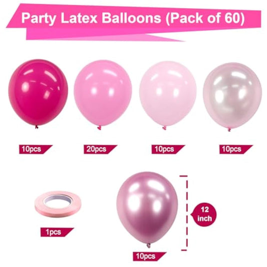 Pink Balloons Set,60Pcs 12 Inch Metallic Pearl Pink, Hot & Pastel Pink Latex Balloons Kit For Birthday,Wedding,Baby Shower,Princess Theme Party Decorations