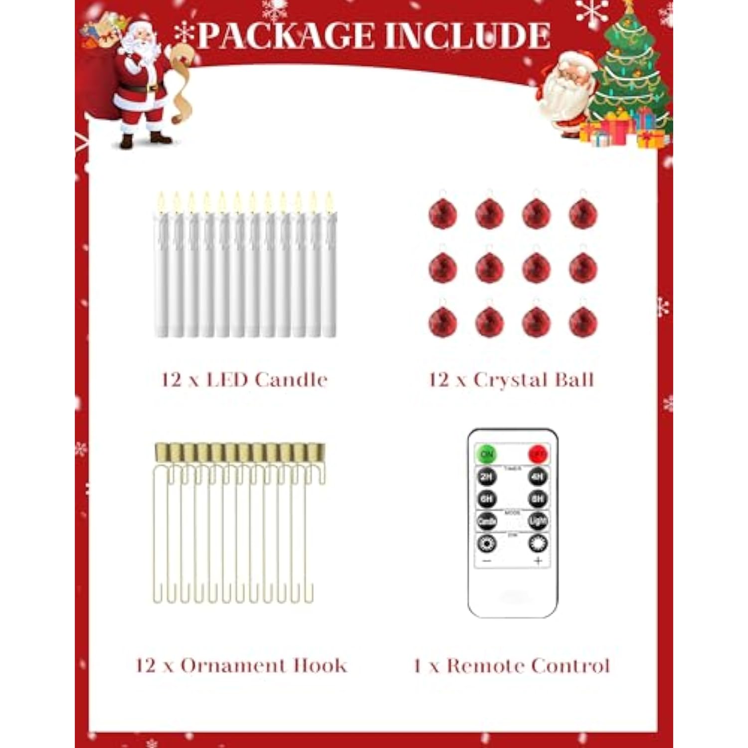 Christmas Tree Candles With Remote, 12 Pack Battery Operated Christmas Candles, Fake Led Candle For Christmas Tree Decor, Party Decor For Xmas Wedding Home Gift With Red Crystal Ball Hook