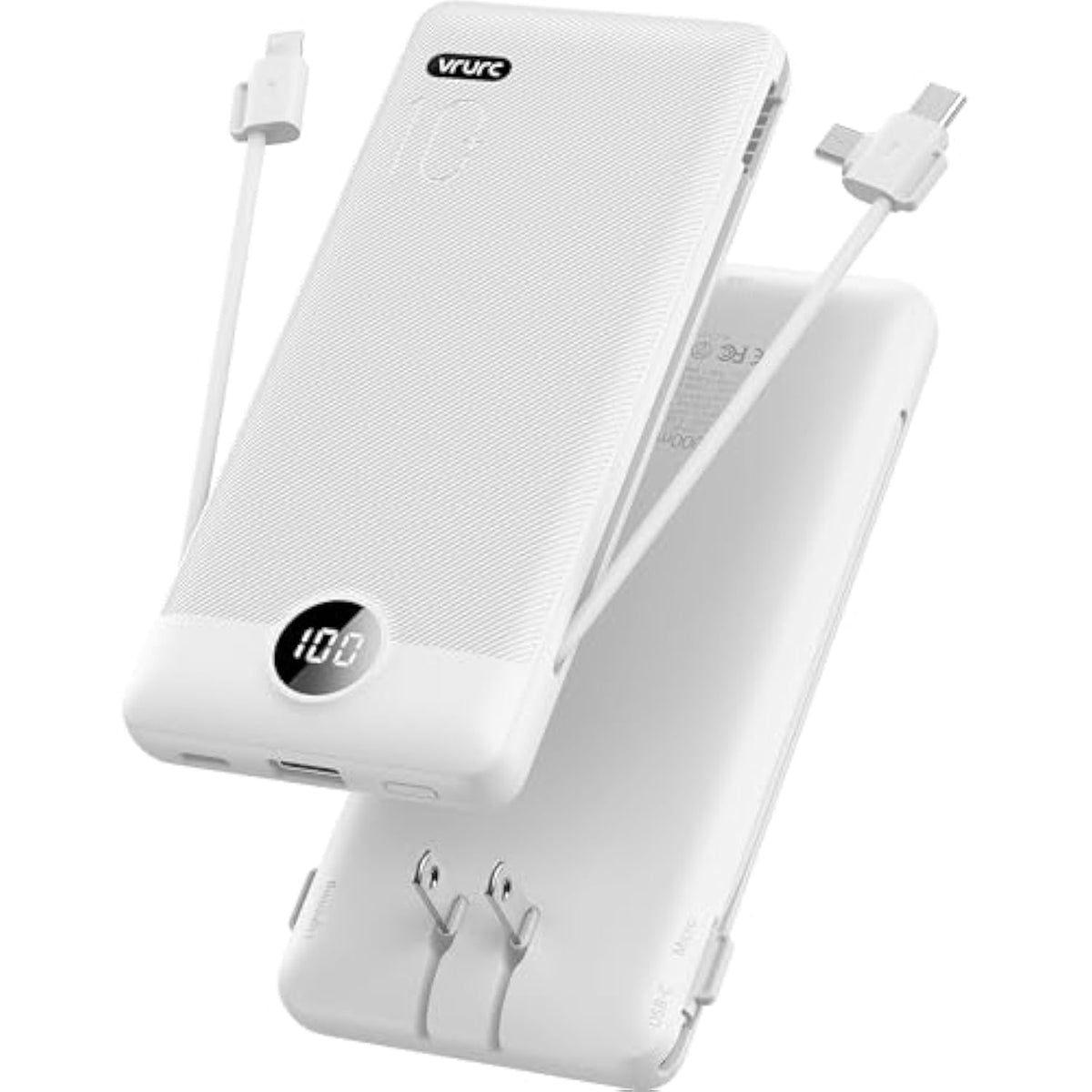 Portable Charger Built-In Cables And Ac Wall Plug, Usb C Power Bank 10000Mah, Travel Essentials Phone Charger Compact Lightweight External Battery Pack For Smart Phones, Tablets Etc-White