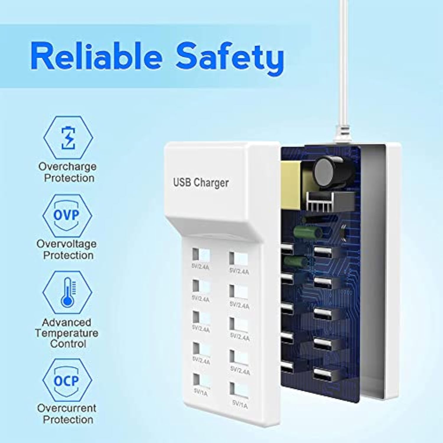 10-Port Usb Wall Charger Station With Rapid Charging Auto Detect Technology Safety Family-Sized Usb Ports For Multiple Devices Smart Phone Tablet Laptop Computer