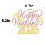 Happy New Year 2026 Cake Topper Gold Rose Glitter Party Decorations