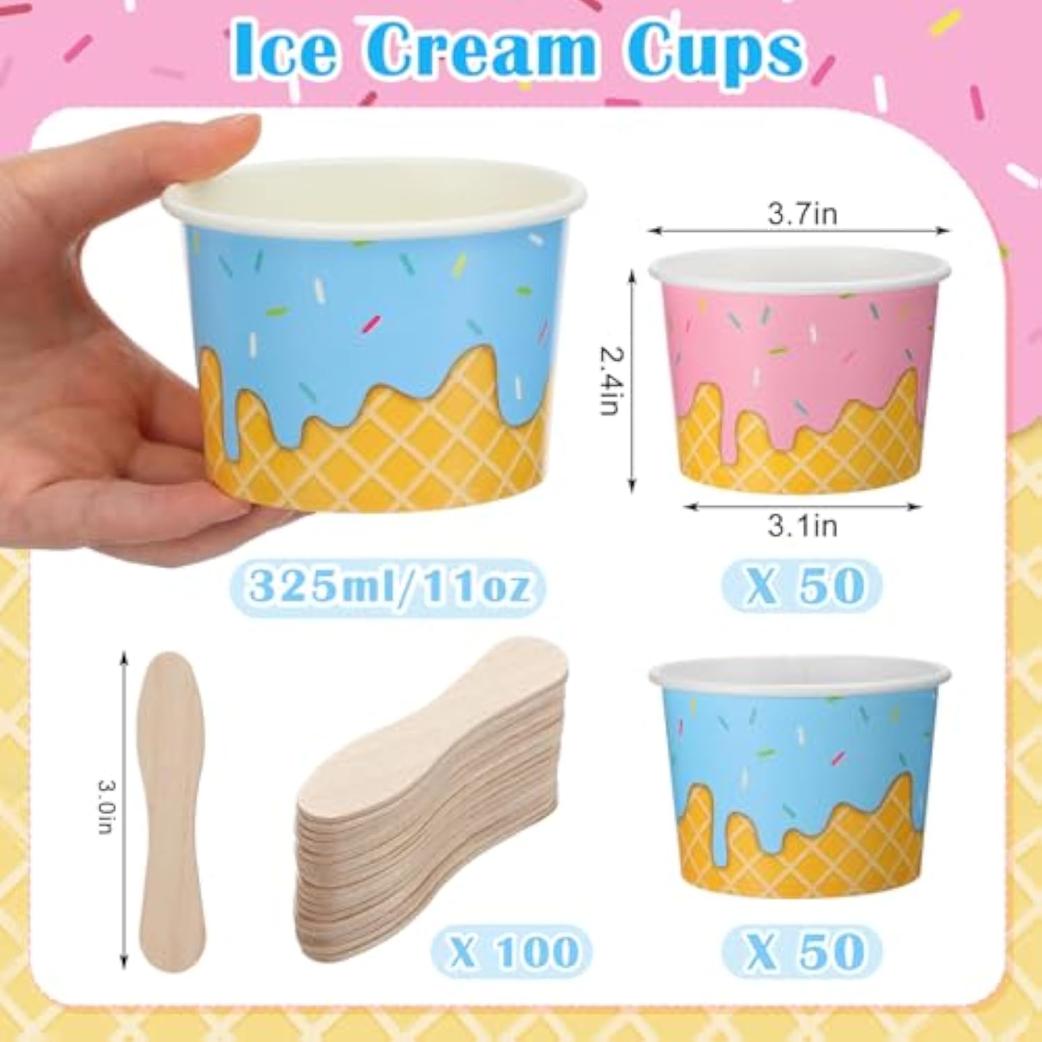 100 Pack Ice Cream Bowls Disposable 11 Oz Paper Dessert Cups With Wooden Spoons Sundae Soup Containers For Summer Ice Cream Party Supplies Favors