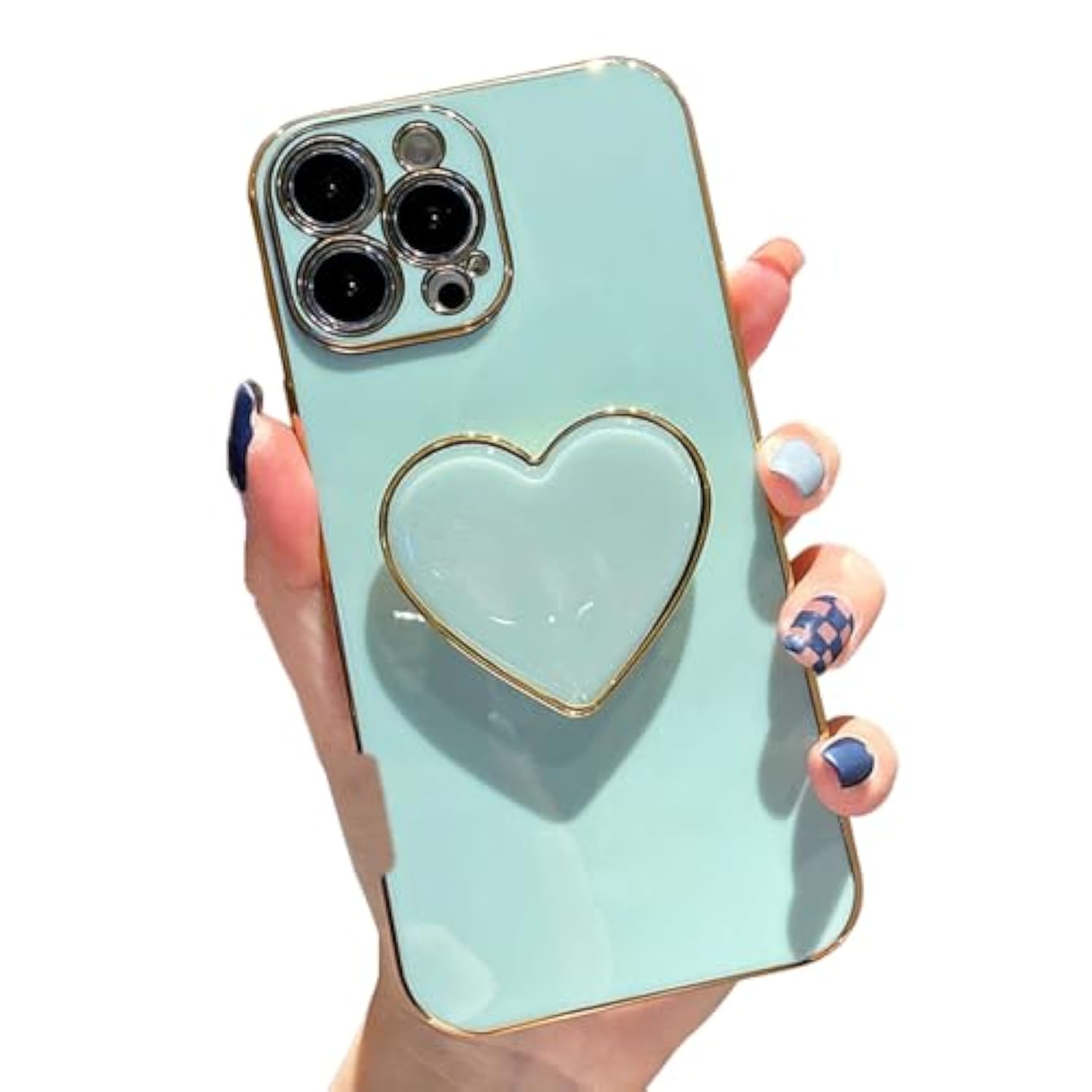 Cute Case For Iphone 16 Pro Max, Phone Case Green With Heart Holder Stand Kickstand Soft Tpu Shockproof Protective Cover, Luxury Plating Bumper Case For Girls Women (For Iphone 16 Pro Max)