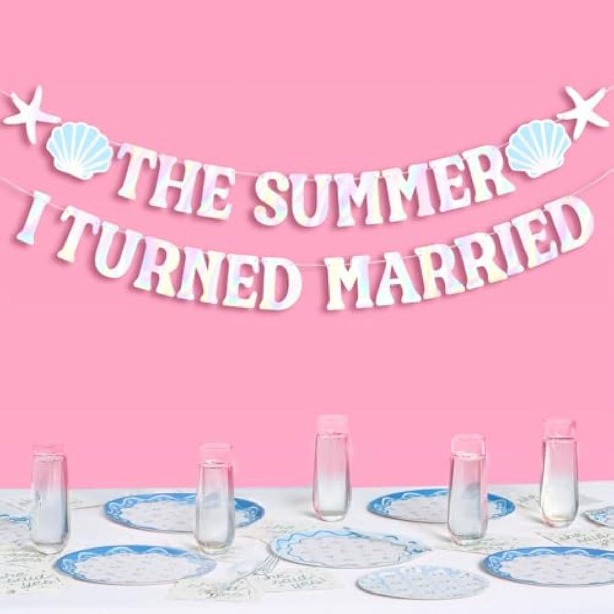 The Summer I Turned Married Banner - Iridescent Foil | 6 Ft. | Bachelorette Decorations, Bridal Party Sign, Bride To Be Background, Pretty Beach Bach Supplies