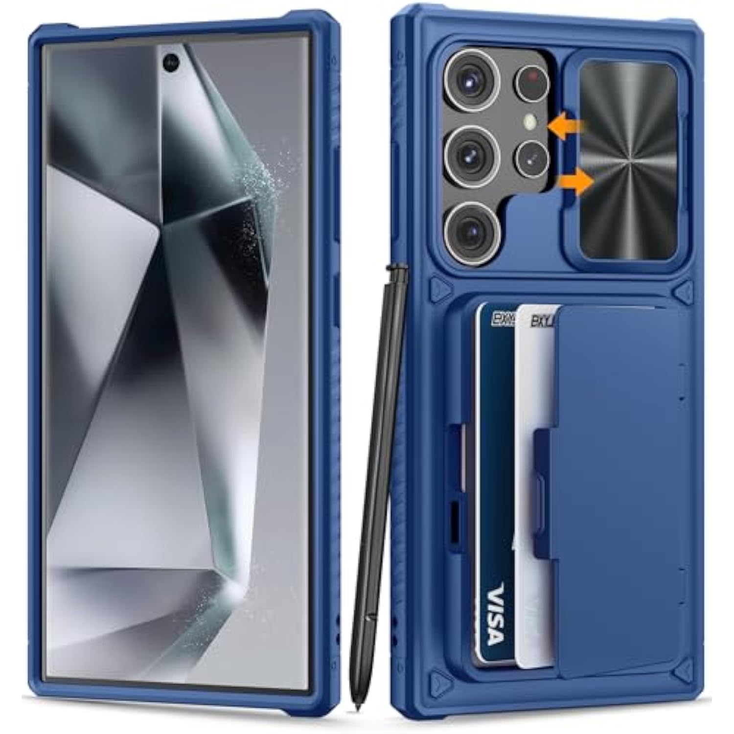 For Samsung Galaxy S24 Ultra Wallet Case, Built-In Card Holder (Store 4-5 Cards) & Kickstand & Slide Camera Cover, Military Grade Protection, Rugged Silicone Case For Galaxy S24 Ultra 2024, Blue
