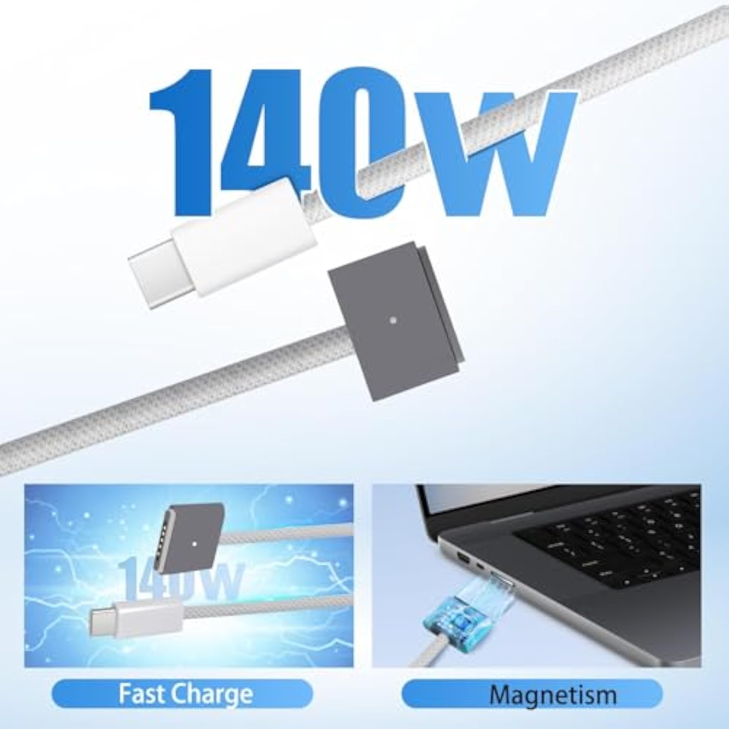 Braided 140W Usb-C To Magnetic 3 Power Cable, Compatible With Macbook Pro M1/M2/M3 Pro/Max 14"/16" 2021/2022/2023 & Macbook Air 13.6"/15.3" M2/M3 2022/2023/2024-6.6Ft (Grey)