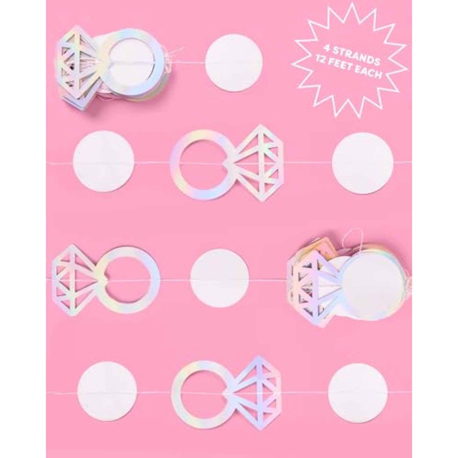 Iridescent Engagement Ring Garland - 4 Pcs, 12' | Bachelorette Decorations, Tying The Knot Bride Bach Decor, Engagement Party Photo Booth Backdrop, Proposal Supplies