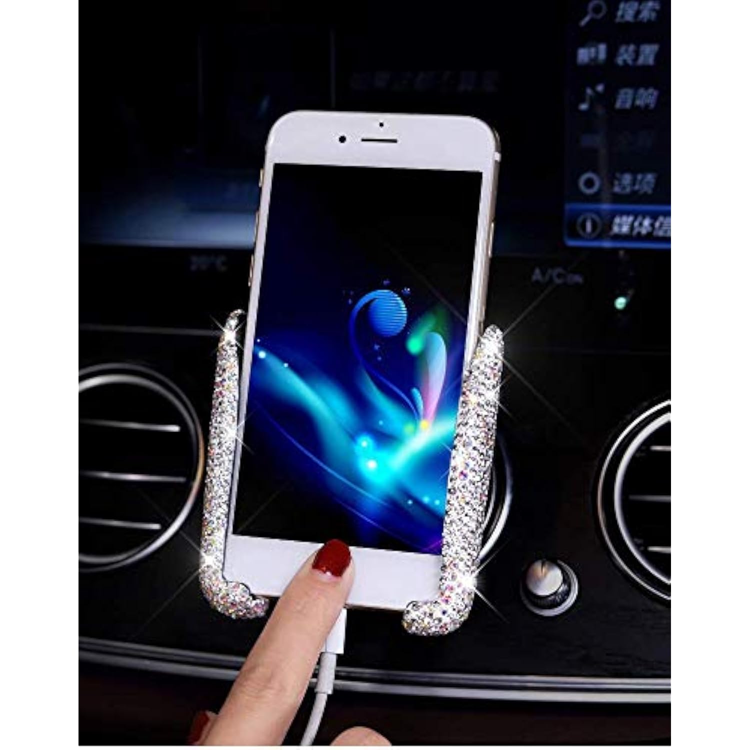 Bling Car Phone Holder Mini Dash Air Vent Automatic Phone Mount Universal 360°Adjustable Crystal For Women And Girls (White)