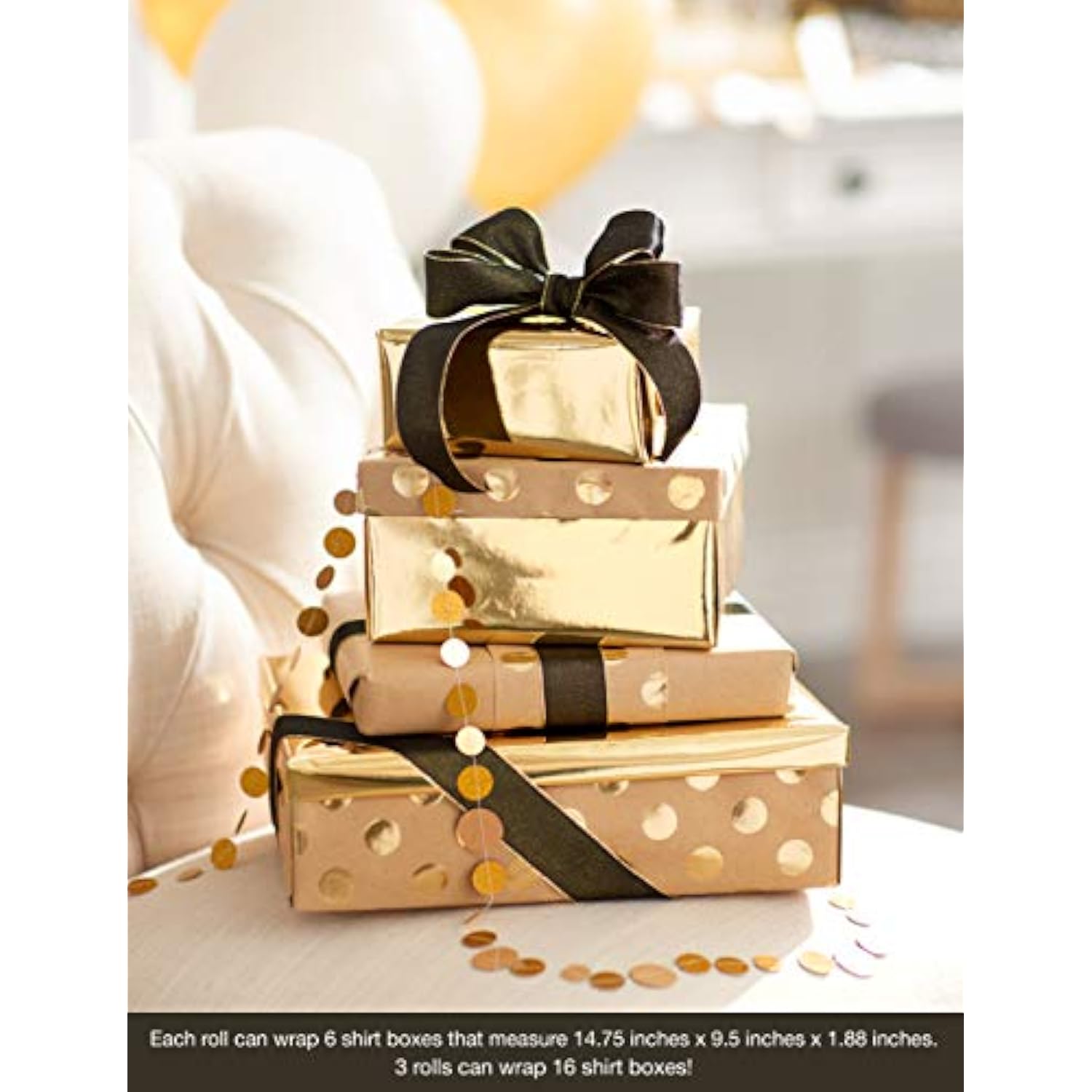 American Greetings Wrapping Paper for Weddings, Birthdays and All Occasions, Kraft and Gold Polka Dots (3 Rolls, 75 sq. ft)