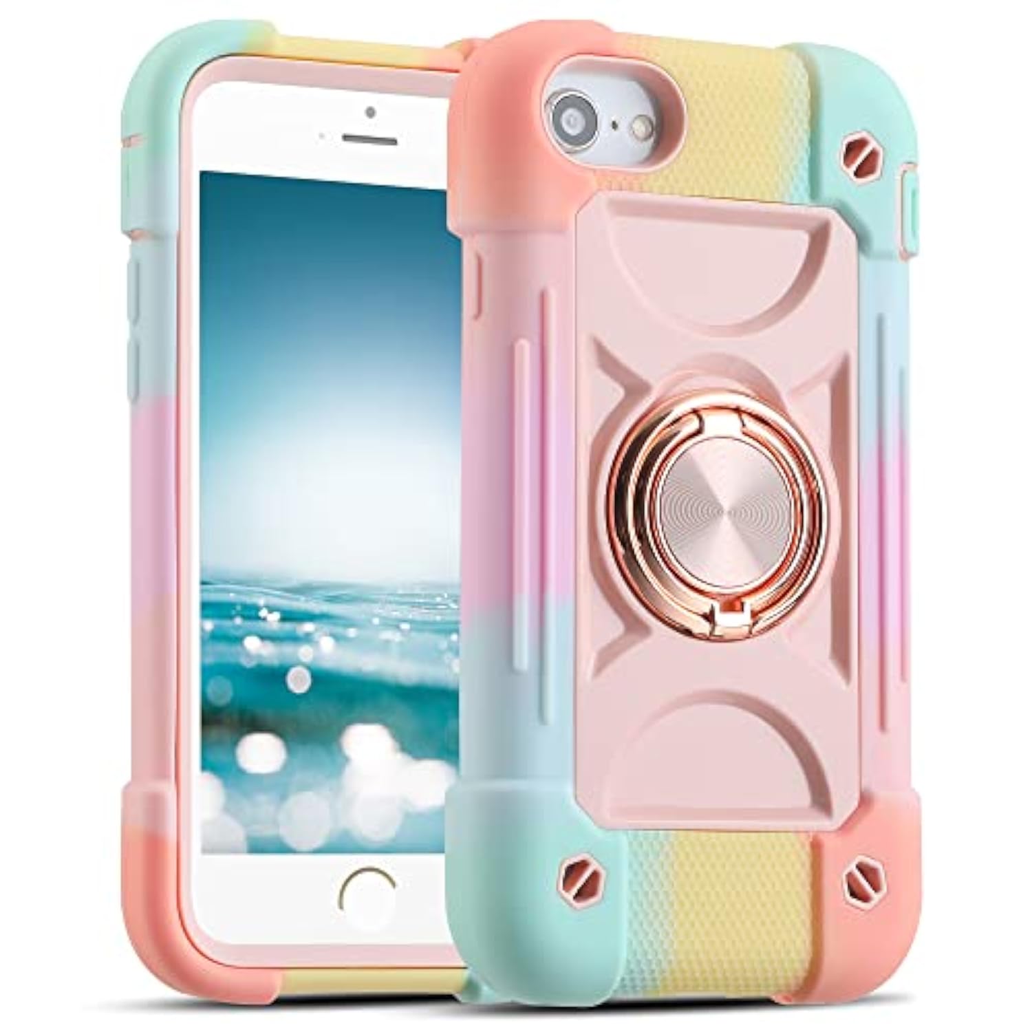Markill Compatible With Iphone Se3/Iphone Se2,Iphone 6/6S Case,Iphone7/Iphone8 Case 4.7 Inch With Ring Stand, Heavy-Duty Grade Shockproof Phone Cover For Kids Girls. (Rainbow Pink)