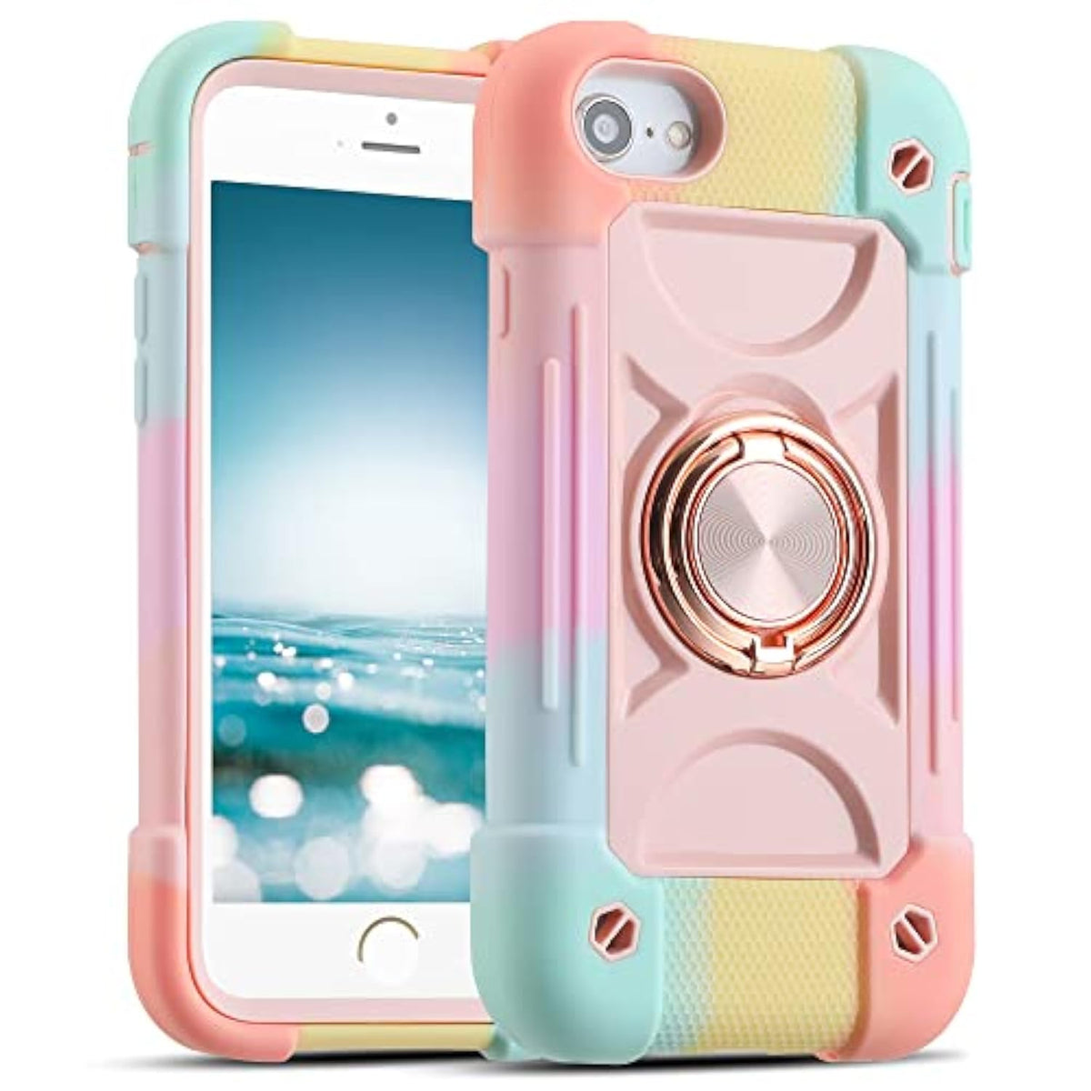 Markill Compatible With Iphone Se3/Iphone Se2,Iphone 6/6S Case,Iphone7/Iphone8 Case 4.7 Inch With Ring Stand, Heavy-Duty Grade Shockproof Phone Cover For Kids Girls. (Rainbow Pink)