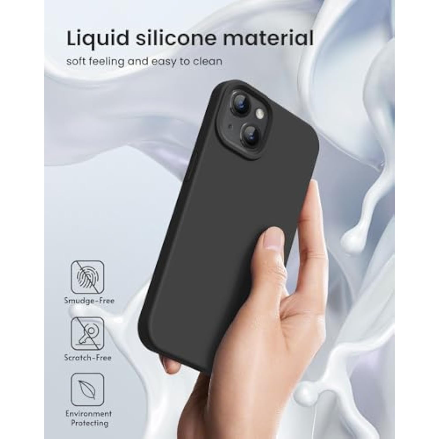 For Iphone 15 Case Liquid Silicone Slim Shockproof Protective Cover 6.1 Inch Anti-Scratch Drop Protection,Black
