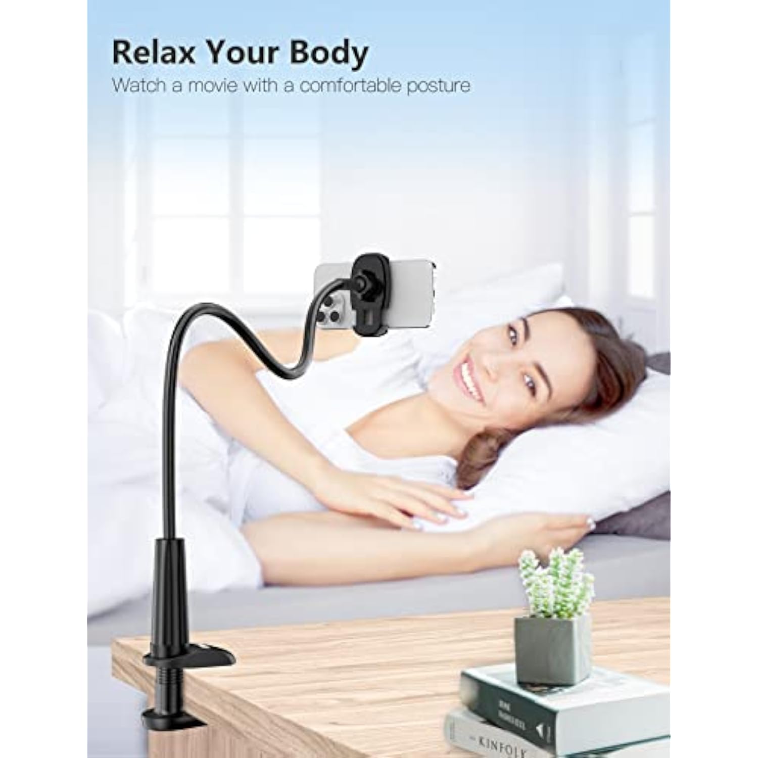 Gooseneck Phone Holder Stand For Bed Flexible Arm Adjustable Cell Phones Mount Clamp On Desk Bedframe Compatible With Iphone 14 Pro Max 13 12 11 X Se Series/Samsung S22 Or Other 4"-7" Devices
