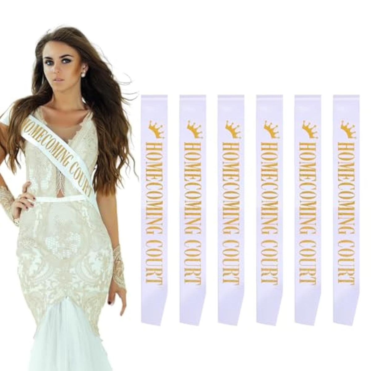 6 Pieces Homecoming Court Satin Sashes With Glitter Letters White Court Sashes Bulk For Pageants Homecoming Party School Dance Graduation Party Favors Decorations Accessories