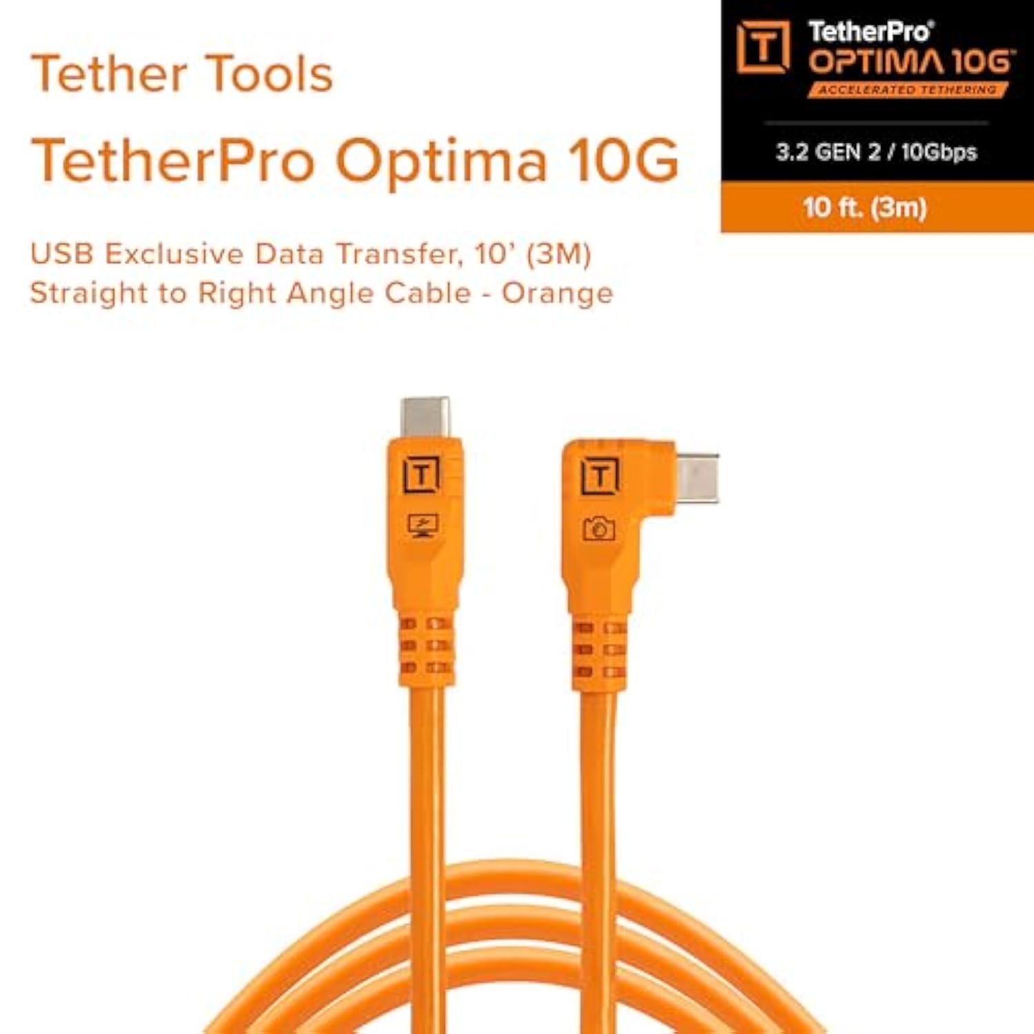 TetherPro Optima 10Gbps Gen 2 USB-C, 10' (3m), Straight to Right, High-Visibility Orange | Not Compatible with Fuji GFX Models