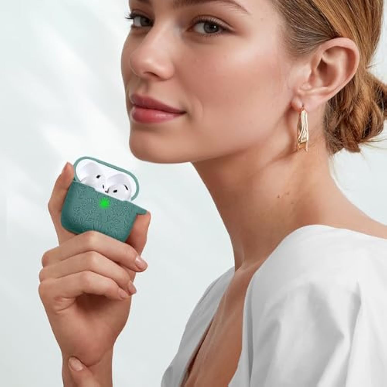 For Airpods 4 Case, Flower Engraved Case Compatible With Apple Airpods 4Th Generation Cases For Women, Cute Soft Silicone Full Protective Cases Cover With Cleaner Kit & Keychain, Pinegreen