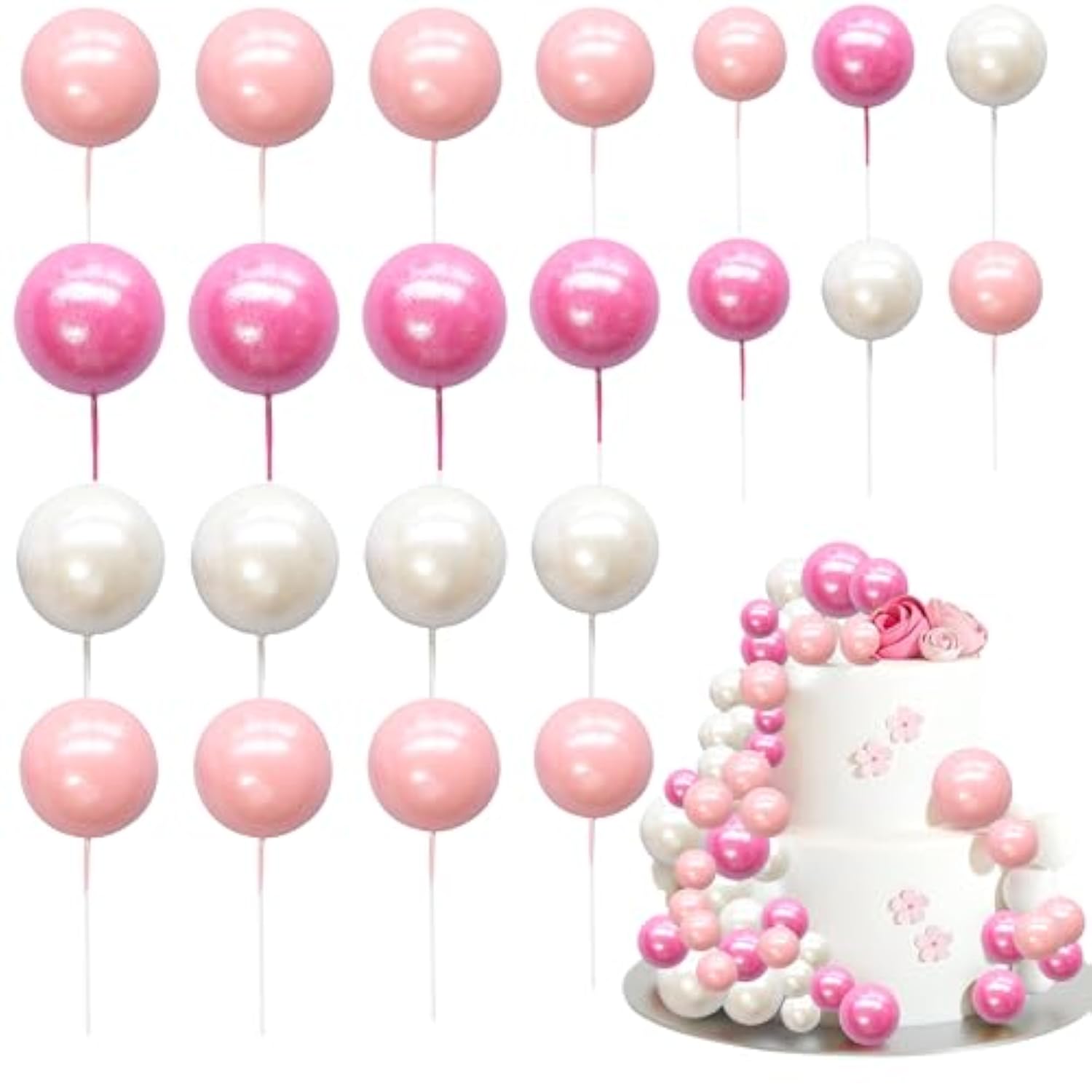 30Pcs Balls Cake Topper Foam Ball Cake Picks Mini Balloon Cupcake Insert Bubble Balls Diy Decoration For Baby Shower Kids Birthday Party Decorations Pearl White Pink Rose Red