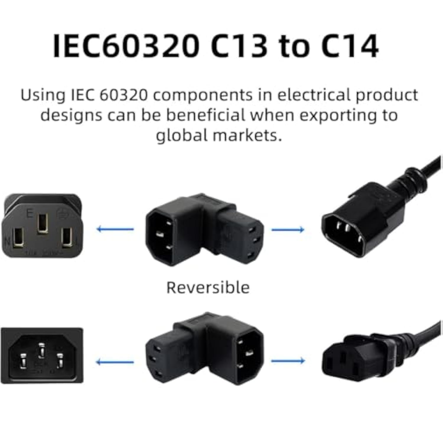 Iec 320 C14 Male To C13 Female 90 Degree Down Angled Power Extension Connector Adapter 10A 250V For Monitor/Computer/Pdu Chassis/Printer