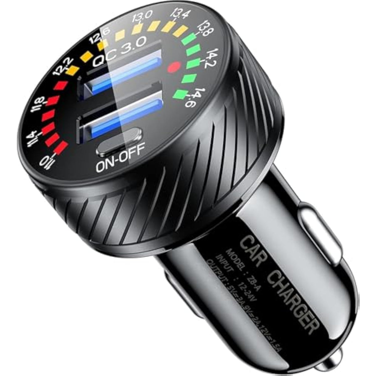 Car Charger, 36W Fast Car Charger Adapter, Dual Usb Car Fast Charge With Colorful Voltmeter & On/Off Switch