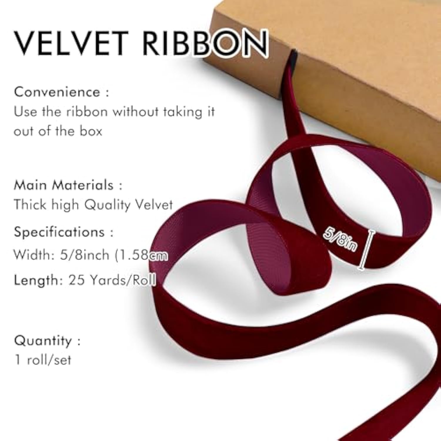 Burgundy Velvet Ribbon 5/8'' 25 Yards For Christmas Tree, Gift Wrapping, Flower Bouquet, Wreath Decorations, Bow Making