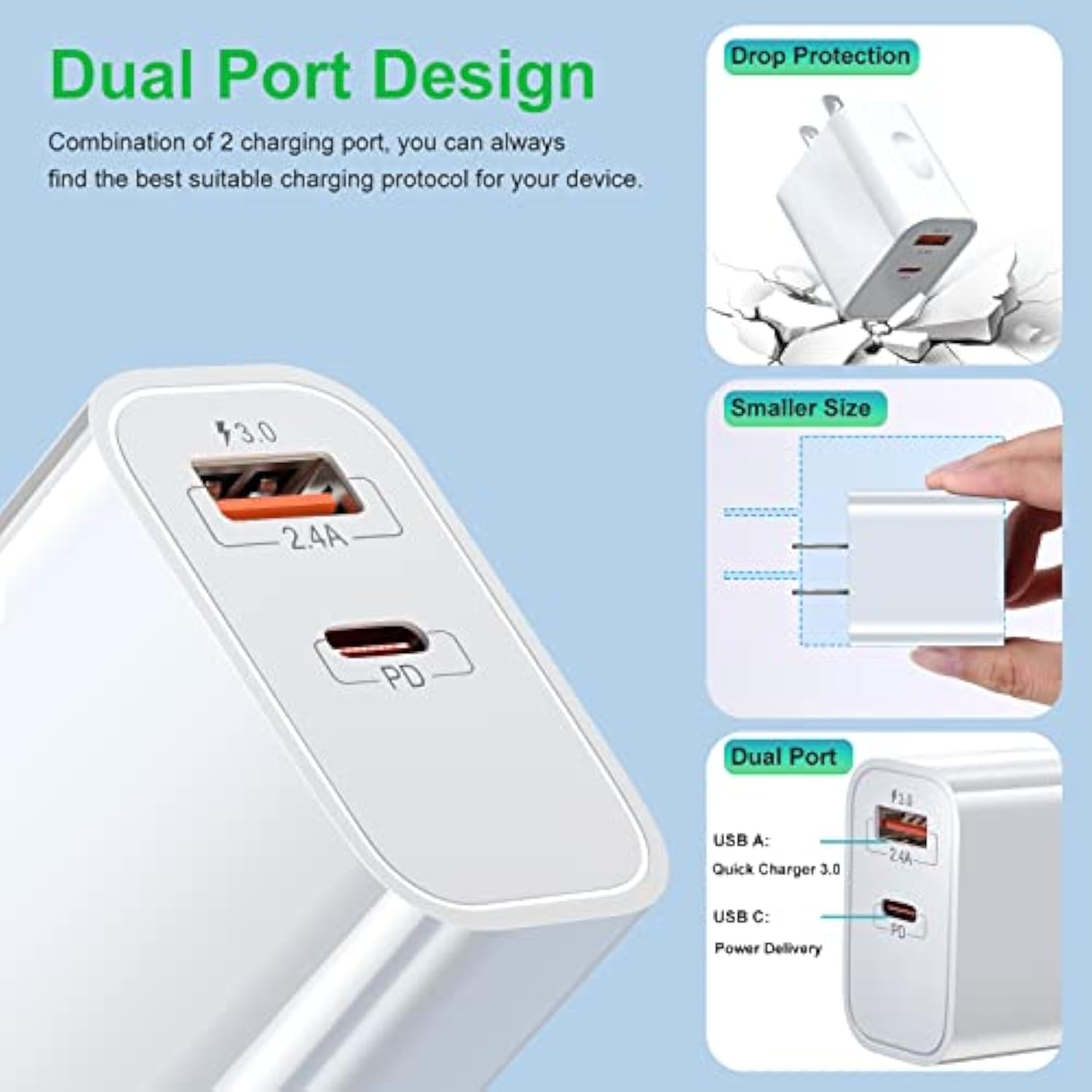 20W Usb C Charger Block, Dual Port Pd 20 Watt Fast Charger Block+ Quick Fast Charge 3.0 Type C Charging Block Compatible Iphone 16/15/14/13/12 Pro/11 Pro Max/Xr/Xs/Se/8/7 Plus,Pad Pro(White)