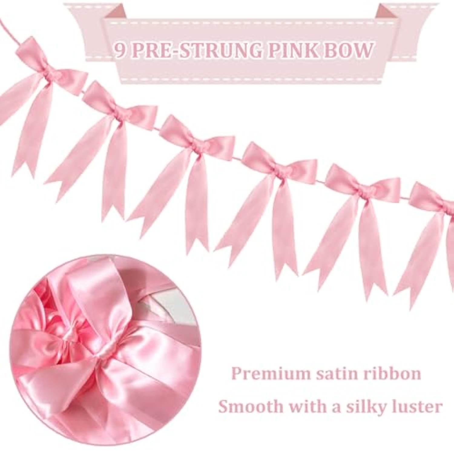 Pink Bow Garland Ribbon Banner Coquette Birthday Girls Baby Shower Party Decor