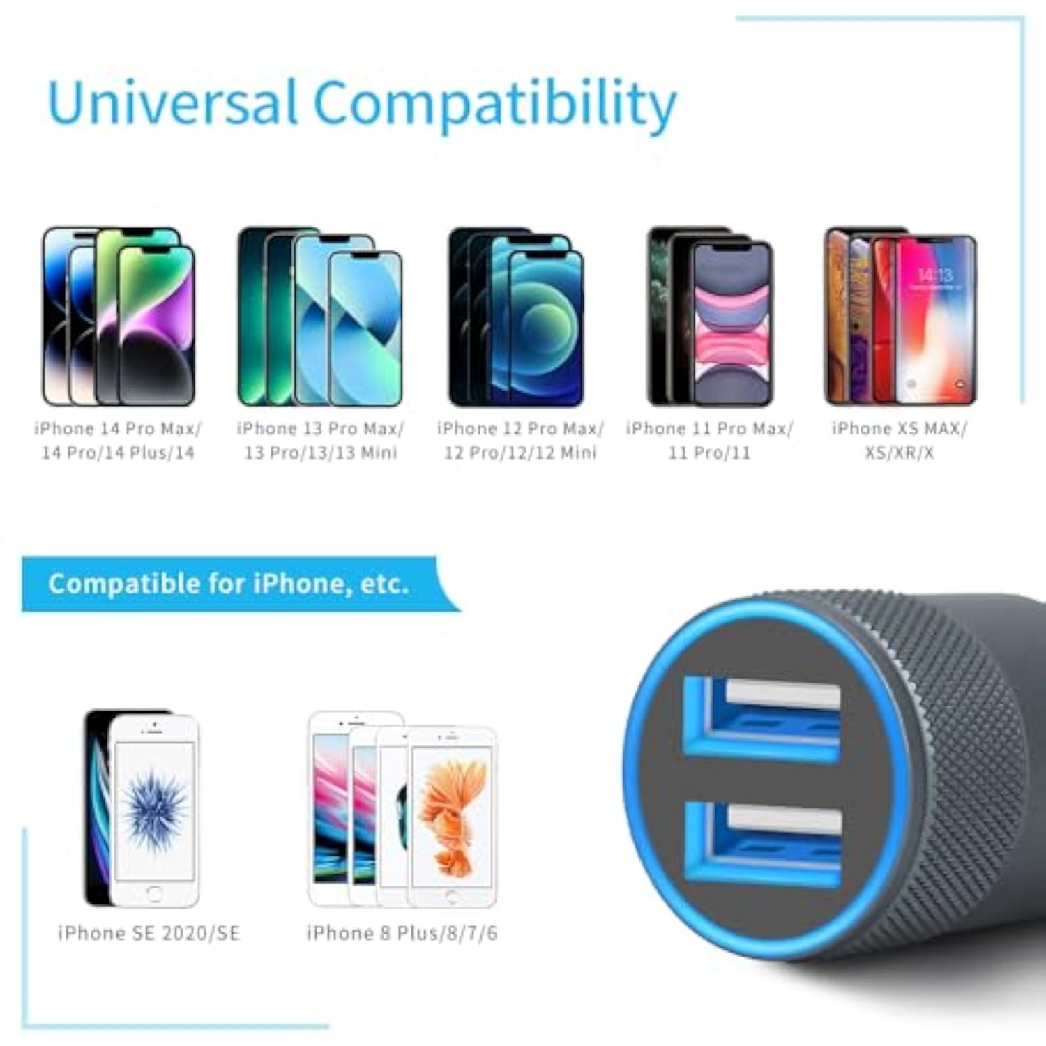 [Mfi Certified] Fast Car Charger Adapter, For Iphone 14/13/12/11/Pro Max/Pro/Mini/X/Xs/Xs Max/Xr/Se 2020/8 Plus/8/7 Plus/7/6S/6/5/Se, 3.1A Dual Usb Ports With Coiled Charging Cable Cord