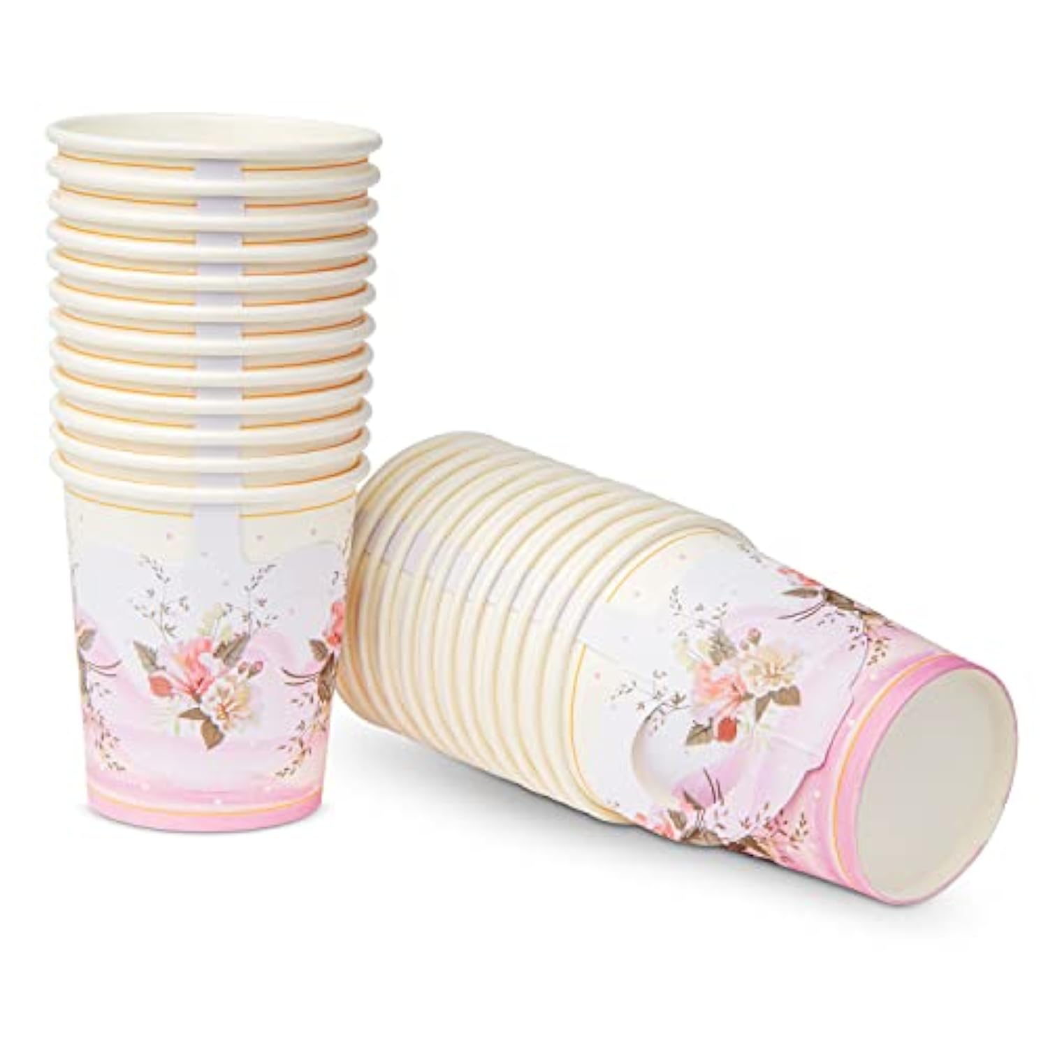 Paper Tea Cup Set, 24 Disposable Teacups With Handles & Saucers, Floral Design For Hot & Cold Drinks, Tea Party Decorations, Tableware