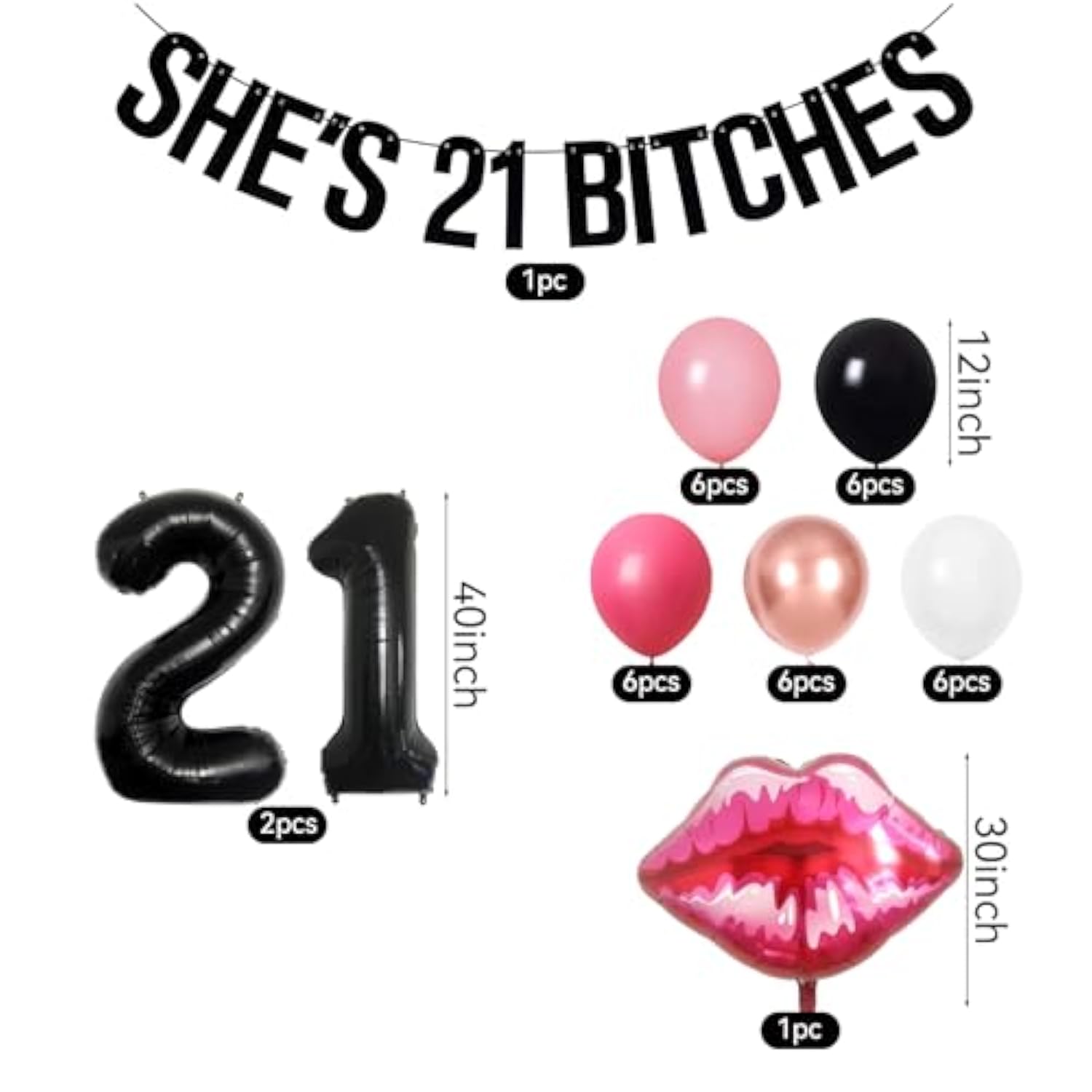21st Birthday Decorations for Her, Black & Pink, 21 Balloon & Banner for Party