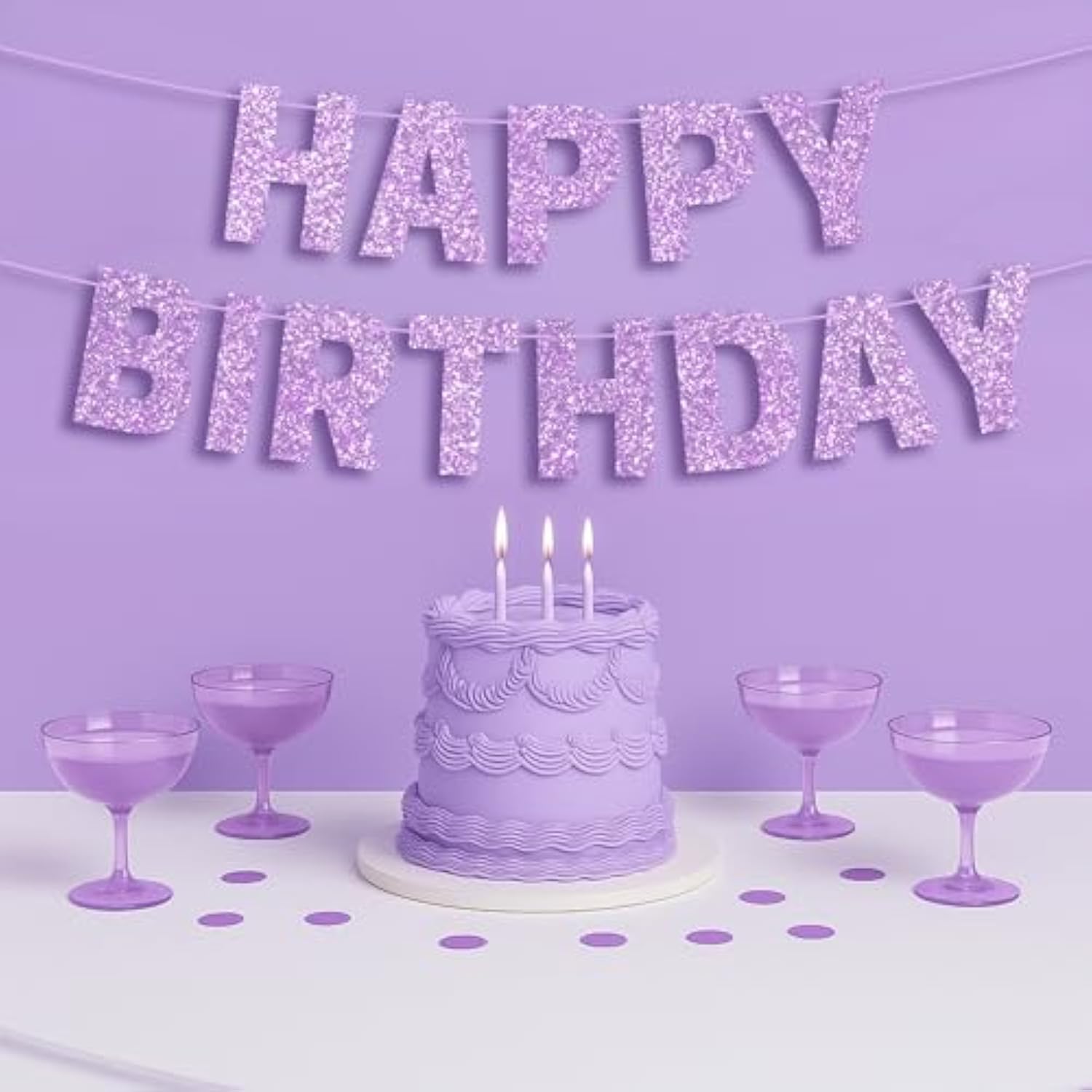 Pre-Strung Happy Birthday Banner - No Diy - Purple Glitter Happy Birthday Party Banner For Girls & Women - Pre-Strung On 8Ft Strands - Light Pastel Purple Bday Party Decorations. Did We Mention No Diy