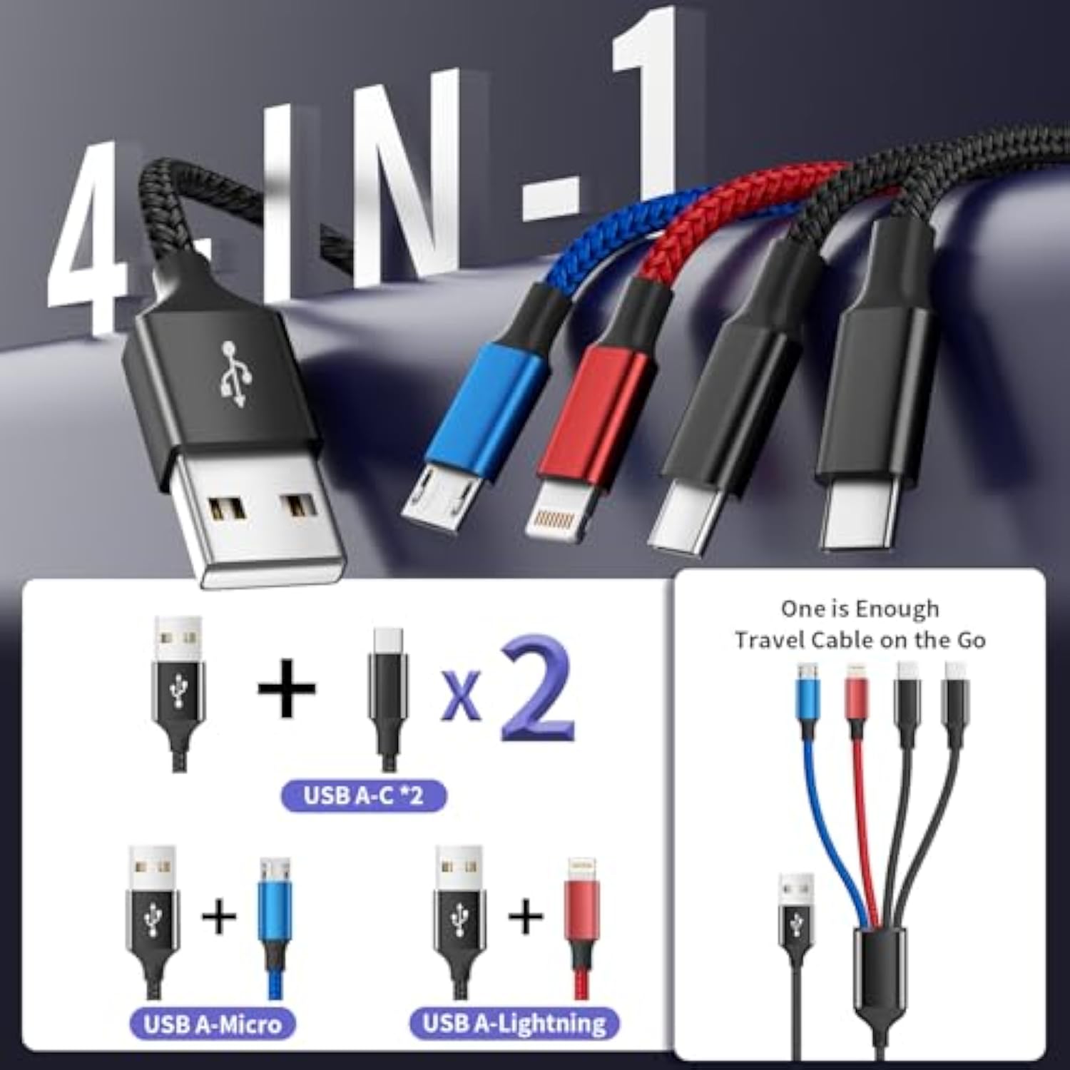 Dual Type-C 4 In 1 Charging Cable 5Ft 2Pack, Multi Charging Cable For Multiple Devices, Tinned Copper Universal Usb Cord With Ip/Micro/Dual Usb-C Port For Iphone16/15/14, Android Tablet Pad, More