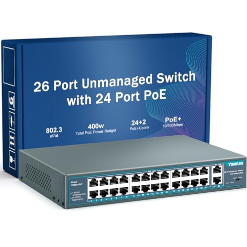 24 Port Poe Switch With 2 Gigabit Ethernet Uplink Port, Unmanaged 26 Port 802.3Af/At 400W Power Poe+ Network Switch, Rackmount Plug And Play