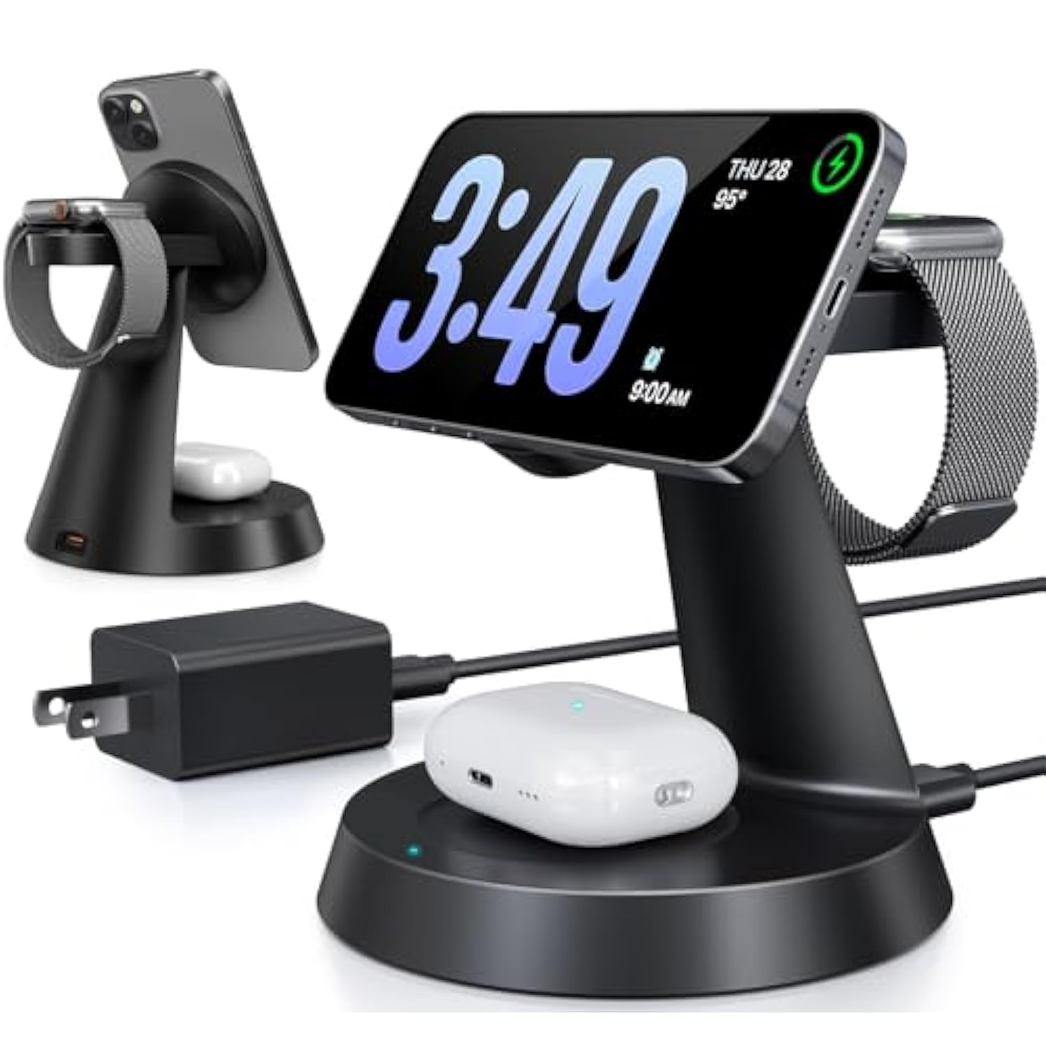 3 In 1 Wireless Charging Station For Apple Mag-Safe 15W Fast Charger Stand For Multiple Apple Devices Magnetic Charger For Iphone 16 Pro Max/16 Pro/16/15/14/13/12, Airpods, Iwatch Series(Black)