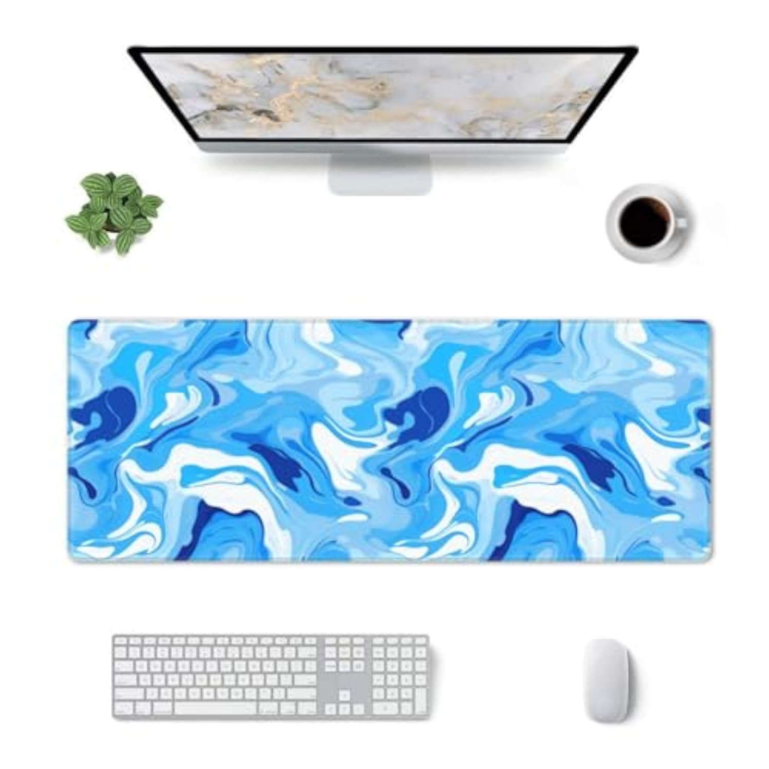 Gaming Mouse Pad Liquid Art Blue Marble Non-Slip Rubber Base Extended Mousepad With Stitched Edges Keyboard Computer Laptop Mat For Gamer Desktop Office Home 31.5 X 11.8 In