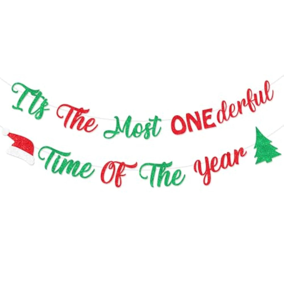 Christmas First 1St Birthday Decorations, It'S The Most Onederful Time Of The Year Banner Glitter, 1St Birthday Banner Red Green Xmas Winter Holiday Supplies For 1 Year Old Boys And Girls