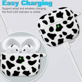 Silicone Cow Airpods 4 Case 2024, Case Cover With Cleaner Kit For Apple Airpods 4Th Generation Floral Print Soft Flexible Cover For Air Pod 4Th Women Girls, Skin With Keychain - Black Cow