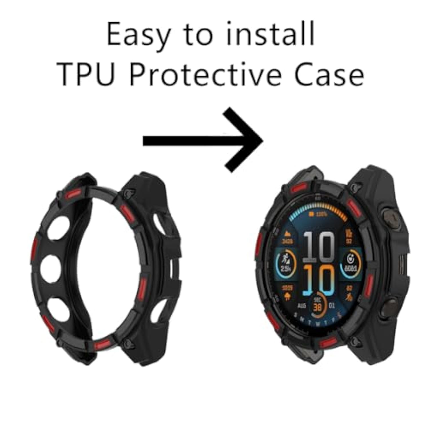 Watch Screen Protector +Watch Case Cover For Garmin Enduro 3, [3-Pcs] Tempered Glass Film & Soft Tpu Bumper, Anti-Scratch, Bubble-Free, Hd Clear, Shockproof Protection (Black Red)