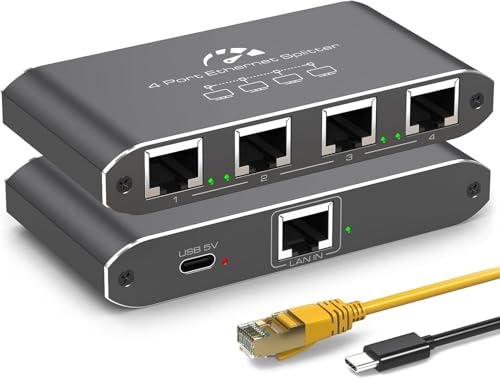 Ethernet Splitter 1 To 4 [ With 5Ft Ethernet Cable ] 1000Mbps High Speed Internet Splitter 1 In 4 Out Gigabit Network Splitter Lan Rj45 Adapter With Usb Power Cable For Cat 6/7/8 Cable
