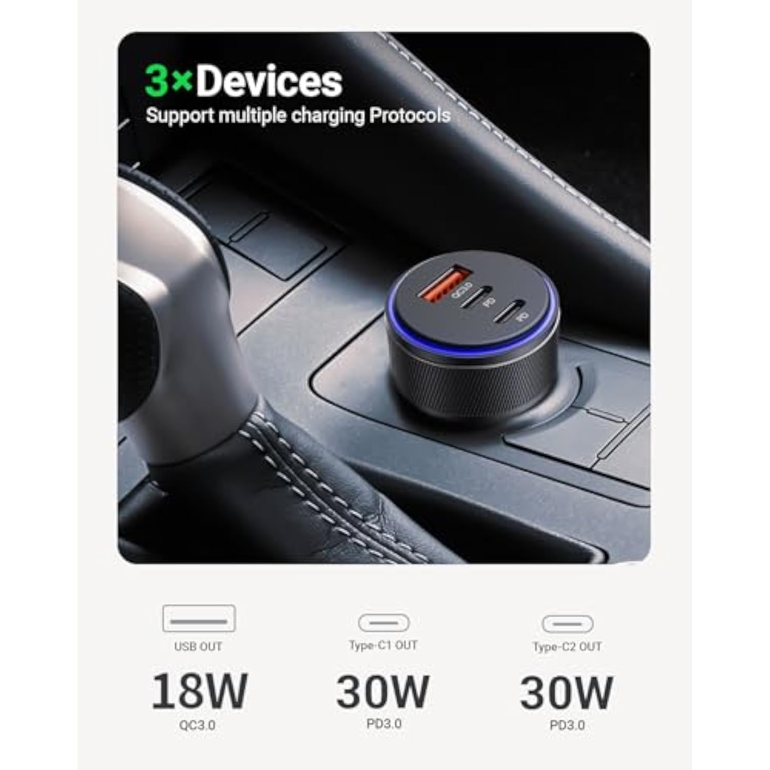 AKNSN 90W USB-C & USB-A Car Charger, 3-Port Fast Charging, PD3.0 & QC3.0, Compatible with iPhone 16/15/14/13 Pro Max, iPad, MacBook, Samsung, Google Pixel, More